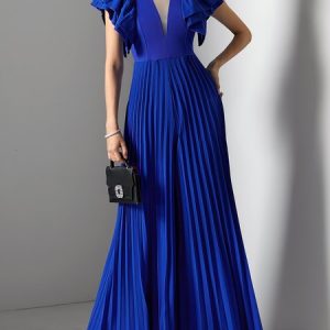 Elegant Plain V Neck Regular Fit Jumpsuit, Maxi Dresses, color:Royal Blue|size:XXL, Stylewe