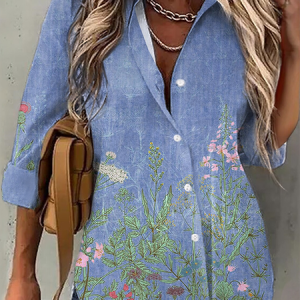 Floral Casual Shirt Collar Blouse, Shirts & Blouses, color:Blue|size:XXL, JustFashionNow