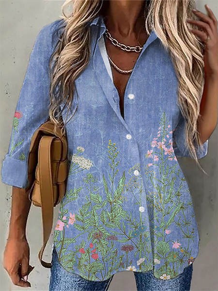 Floral Casual Shirt Collar Blouse, Shirts & Blouses, color:Blue|size:XXL, JustFashionNow