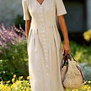 Plain Short Sleeve Buckle V Neck Casual Dress, Maxi, color:Khaki|size:XXL, Noracora