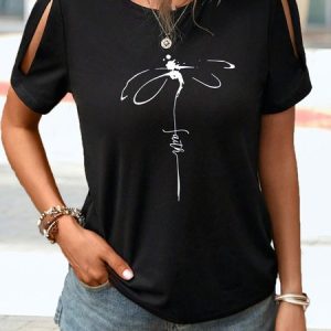 Dragonfly Jersey Crew Neck Casual T-Shirt, T-shirts, color:Black|size:XXL, Noracora