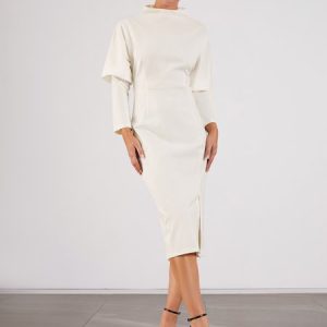 Stylewe Elegant Plain Long Sleeve Midi Dress, Dresses, color:Beige|size:XXL, Stylewe