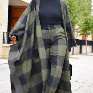 Loose Plaid Urban Overcoat, Coats, color:Green|size:XXL, Stylewe