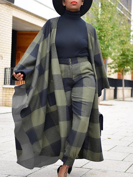 Loose Plaid Urban Overcoat, Coats, color:Green|size:XXL, Stylewe