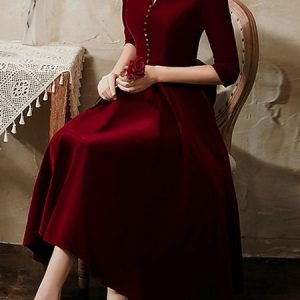 Plain Regular Fit Elegant Three Quarter Sleeve Midi Party Dress, Midi Dresses, color:Deep Red|size:XXL, Stylewe