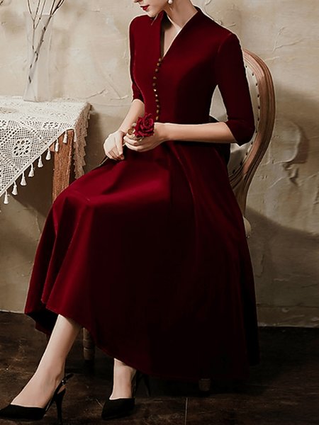 Plain Regular Fit Elegant Three Quarter Sleeve Midi Party Dress, Midi Dresses, color:Deep Red|size:XXL, Stylewe