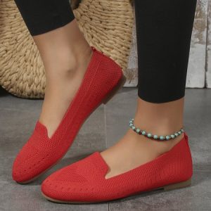 Casual Plain Slip On Flat Heel Shallow Shoes, Flats/Loafers, color:Red|size:43, Noracora