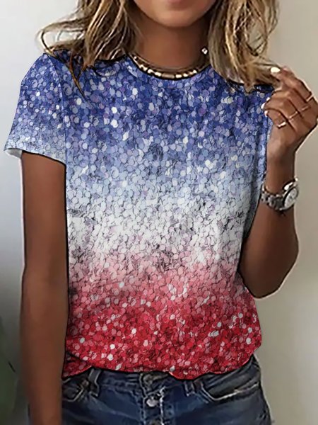 Women‘s Ombre USA Flag Print Crew Neck Casual T-Shirt, T-shirts, Lilicloth.com