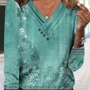 Casual Floral V Neck Long Sleeve T-shirt, T-shirts, color:Aqua|size:3XL, Noracora