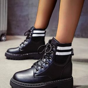 Casual Plain Lace-Up Flat Heel Riding Boots, Boots, color:Black|size:40, Noracora