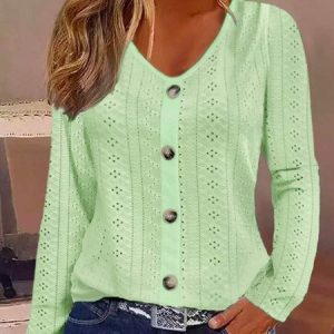 Buttoned Plain Casual Eyelet Embroidery Shirt, Blouses, color:Green|size:XXL, Noracora