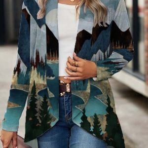 Landscape Print Shawl Collar Casual Other Coat, Cardigans, color:Multicolor|size:XXL, JustFashionNow