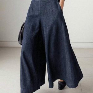 Wide leg Plain Loose Urban Denim Jeans, Jeans, color:Deep Blue|size:XXL, Stylewe