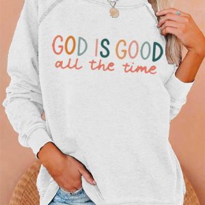 God Is Good All The Time Print Women Round Neck Long Sleeve Pullover, color:White|size:3XL, Lilicloth.com
