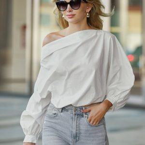 Long sleeve Plain Boat Neck Regular Fit Casual Shirt, Blouses and Shirts, color:White|size:XXL, Stylewe