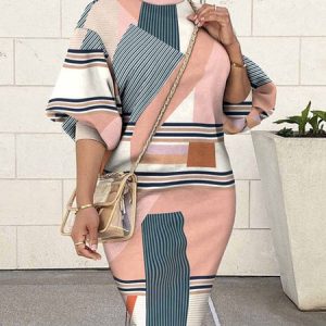 Elegant Daily Regular Fit Crew Neck Colorblock Dress, Mini Dresses, color:Pink|size:XXL, Stylewe