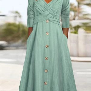 Plain Casual Buttoned V Neck Dress, Midi, color:Green|size:XXL, Noracora