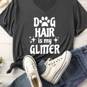 Women's Dog Hair Is My Glitter Matching V Neck T-Shirt, color:Gray|size:XXL, Lilicloth.com