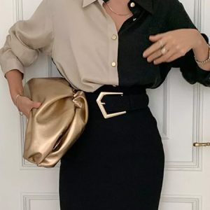 Shirt Collar Color-Block Long Sleeve Plain Blouse, Blouses and Shirts, color:Khaki|size:XXL, Stylewe