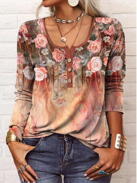 Floral Casual Crew Neck T-Shirt, T-Shirts, color:Multicolor|size:XXL, JustFashionNow