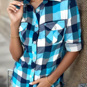 Shirt Collar Plaid Casual Buckle Blouse, Shirts & Blouses, color:Blue|size:XXL, JustFashionNow