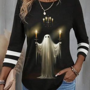 Casual Halloween Crew Neck Long Sleeve T-shirt, T-shirts, color:Black|size:XXL, Noracora