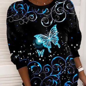 Butterfly Floral Boho Crew Neck Loose Sweatshirt, Sweatshirts & Hoodies, color:Blue|size:XXL, JustFashionNow