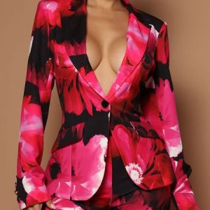 Regular Fit Floral Lapel Collar Urban Blazer, Blazers, color:Red-black|size:XXL, Stylewe
