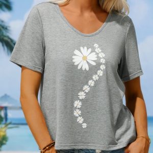 Loose V Neck Casual Floral T-Shirt, T-Shirts, color:Black|size:XXL, JustFashionNow