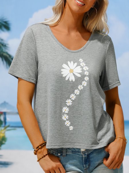 Loose V Neck Casual Floral T-Shirt, T-Shirts, color:Black|size:XXL, JustFashionNow