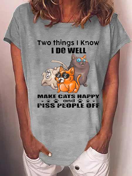 Women's I Do Well Make Cats Happy Casual Text Letters Loose T-Shirt, T-shirts, Lilicloth.com