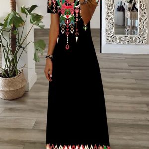 Casual V Neck Loose Ethnic Dress, Boho Dresses, color:Black|size:XXL, JustFashionNow