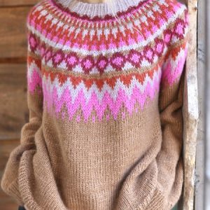 Women Yarn/Wool Yarn Fair Isle Long Sleeve Comfy Casual Sweater, Sweaters, color:Khaki|size:XXL, Noracora