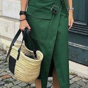 Loose Plain Buckle Urban Skirt, Skirts, color:Green|size:XXL, Stylewe