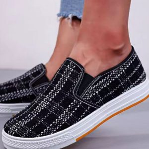 Casual Striped Slip On Flat Heel Canvas, Sneakers&Athletic, color:Black|size:40, Noracora