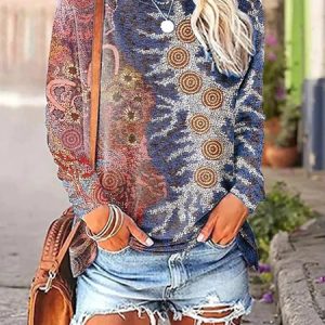 Casual Ethnic Crew Neck Regular Fit T-Shirt, Long sleeves, Lilicloth.com