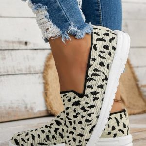 Leopard Print High Elastic Fly Knit Flat Loafers, Flats, color:Beige|size:43, JustFashionNow