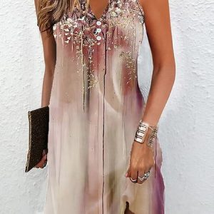 Casual Notched Loose Floral Dress, Dresses, color:Khaki|size:XXL, JustFashionNow