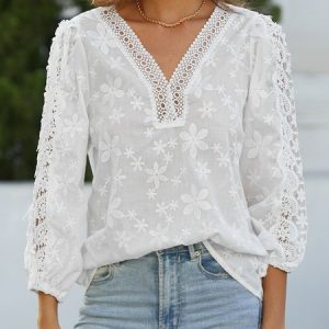 Linen Cotton And Linen Lace Shirt, Shirts & Blouses, color:White|size:XXL, JustFashionNow