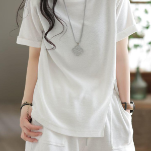 Plain Short Sleeve Crew Neck Casual Two-Piece Set, Sets, color:White|size:3XL, Noracora