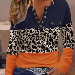 Jersey Casual Buttoned V Neck T-Shirt, Blouses, color:Orange|size:XXL, Noracora