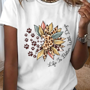 Women's Cotton Life Is Better With Dogs Sunflower T-Shirt, color:White|size:3XL, Lilicloth.com
