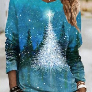 Women's Blue Sweatshirt Christmas Tree Graphic Printed, T-Shirts, color:Blue|size:3XL, JustFashionNow