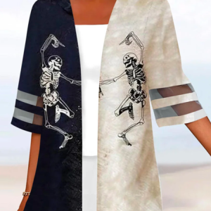 Casual Cross Neck Loose Women Half Sleeve Scoop Neck Skull Printed Graphic Colorblock Halloween Kimono, Cardigans, color:Black-white|size:XXL, JustFashionNow