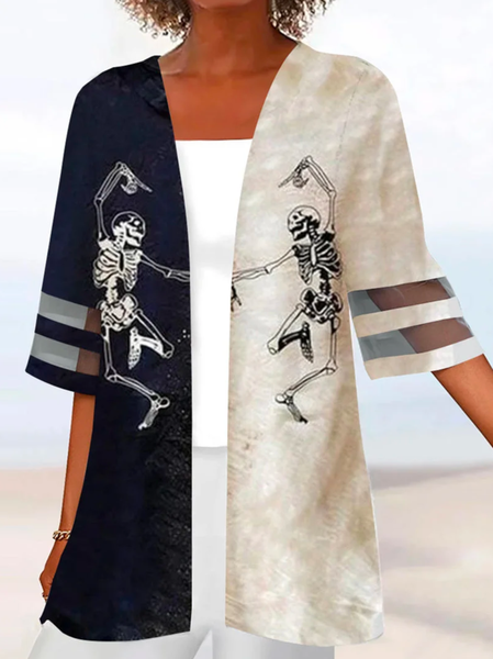 Casual Cross Neck Loose Women Half Sleeve Scoop Neck Skull Printed Graphic Colorblock Halloween Kimono, Cardigans, color:Black-white|size:XXL, JustFashionNow