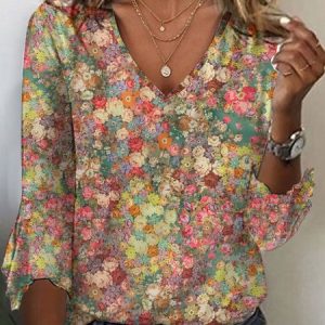 Small Floral Knitted Loose Casual Shirt, Shirts & Blouses, color:Pink|size:XXL, JustFashionNow