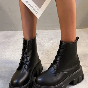 Casual Plain Lace-Up Flat Heel Riding Boots, Boots, color:Black|size:42, Noracora