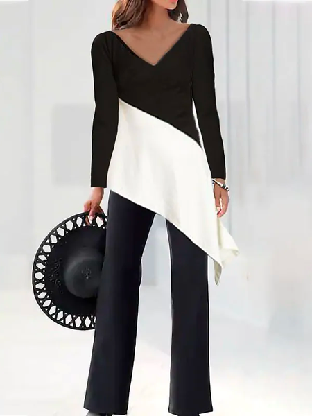 Loose Color Block Two-Piece Set, Suit Set, color:Black|size:XXL, JustFashionNow