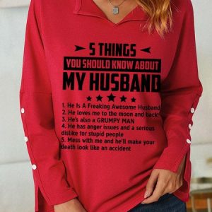 Women Funny 5 Things You Should Know About My Wife V Neck Simple Text Letters Sweatshirt, color:Red|size:3XL, Lilicloth.com