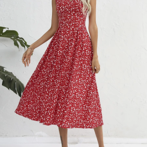 Women Floral Crew Neck Sleeveless Comfy Elegant Midi Dress, Midi, color:Red|size:XXL, Noracora